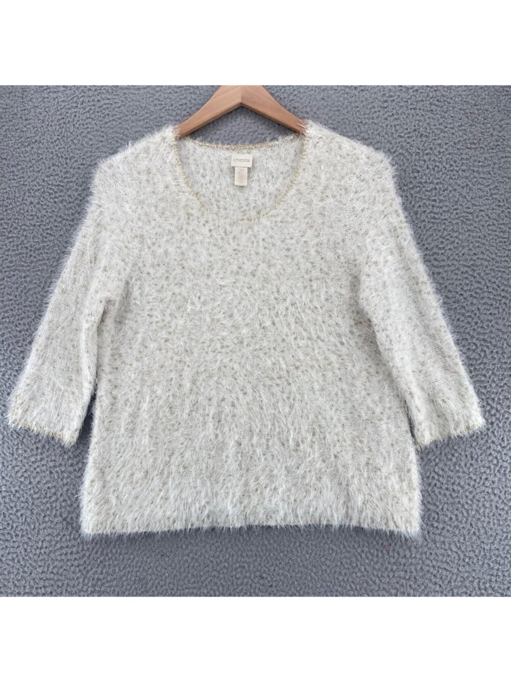 Chicos Sweater Womens 2 US Large Petite White Gold Speckled Fuzzy 3/4 Sleeves